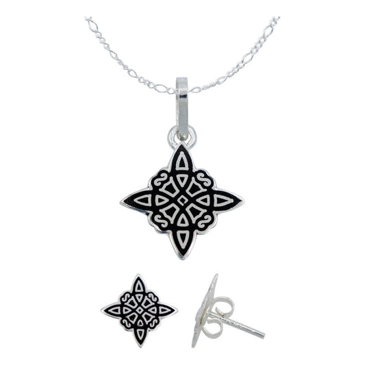Juego Nudo De Bruja Laser Dije Aretes Cadena Plata 925 Negro