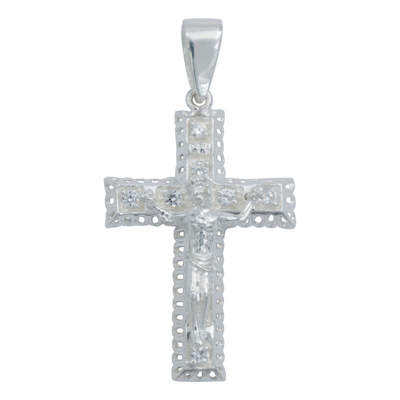 Dije Cruz Grande Cristo Relieve Zirconias Grande Plata 925