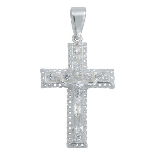 Dije Cruz Grande Cristo Relieve Zirconias Grande Plata 925 Blanco