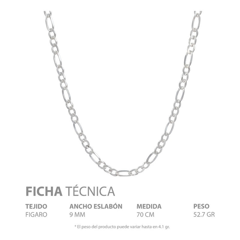 Cadena Figaro 3x1 Diamantada Hombre Plata 925 70 Cm X 9 Mm Plateado