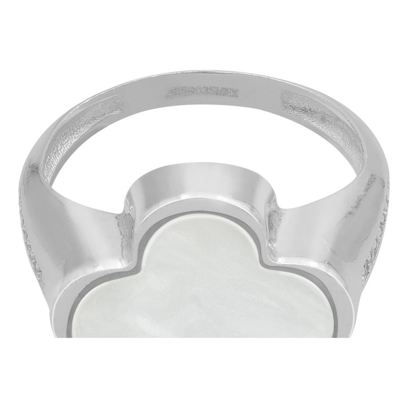 Anillo Grande Hombre Mujer Trebol Esmaltado Resina Plata 925 Blanco 7.5