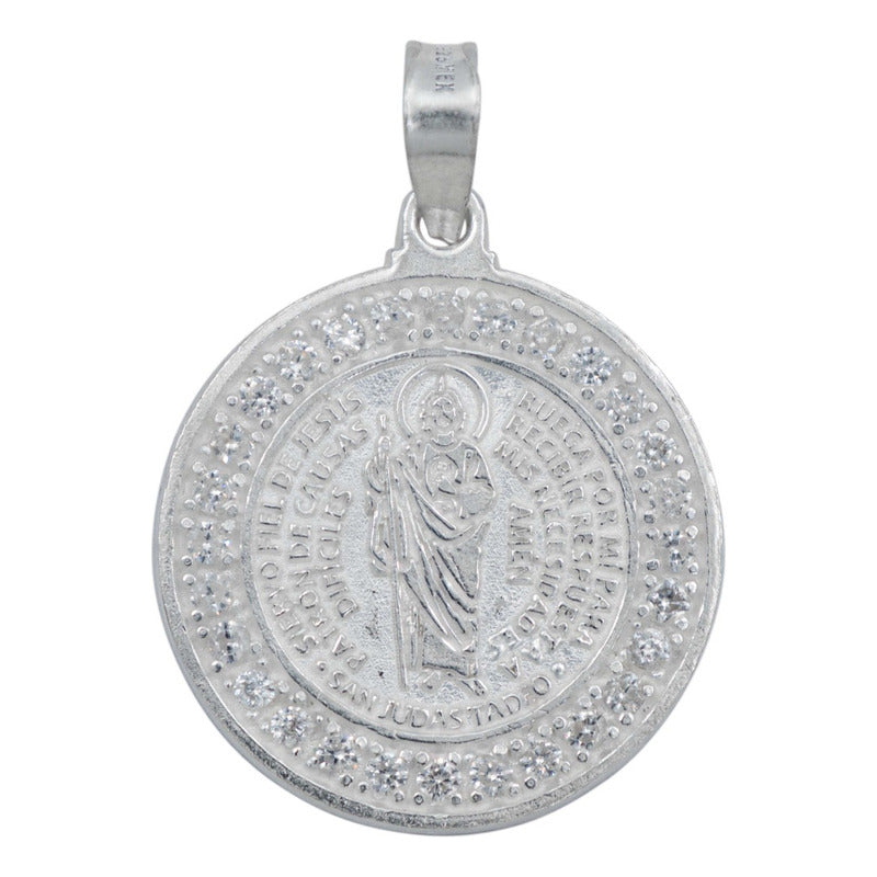 Dije Medalla Doble Vista San Judas Oración Zirconia Plata925