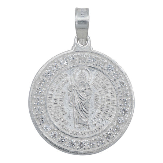 Dije Medalla Doble Vista San Judas Oración Zirconia Plata925 Blanco