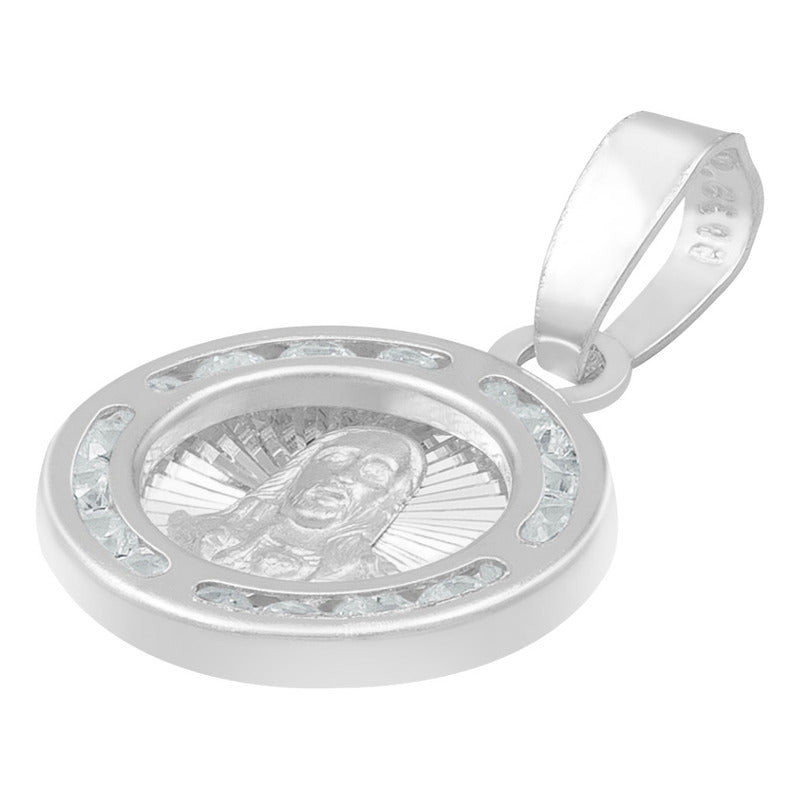 Dije Mini Medalla Bautizo Sagrado Corazón Plata 925 1.2 Cm Blanco