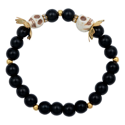 Pulsera Craneo Santa Muerte Flor Artesanal Hombre Mujer Negro 6 Cm 20 Cm