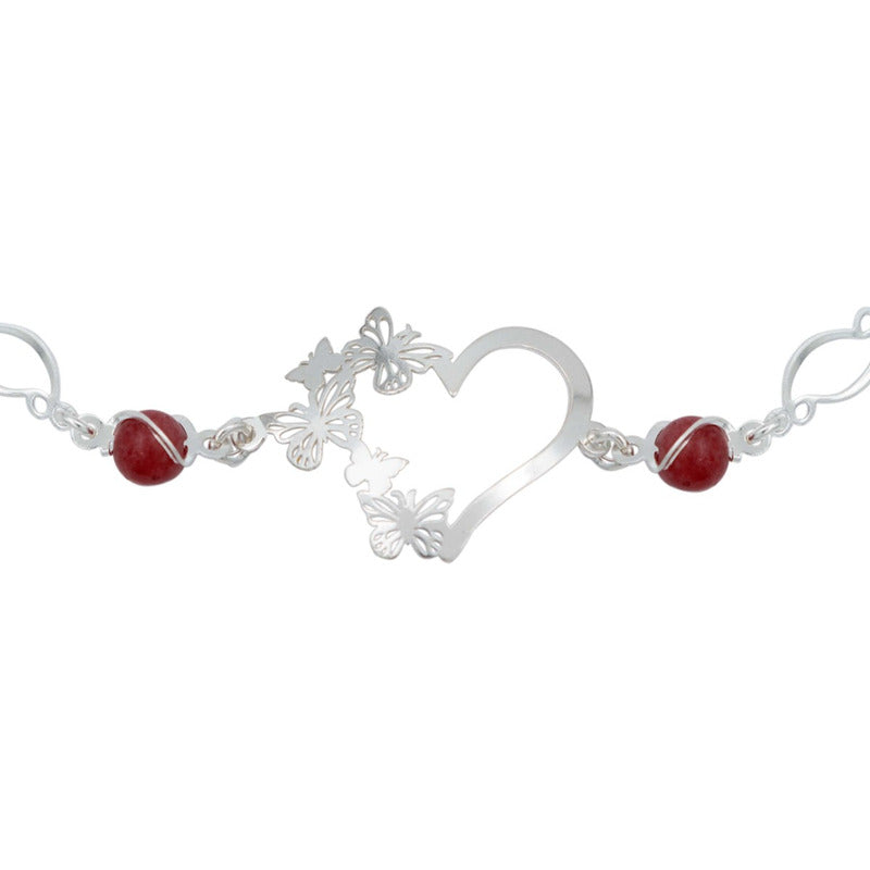 Pulsera Corazón Mariposas Piedra Natural Cuarzo Plata 925