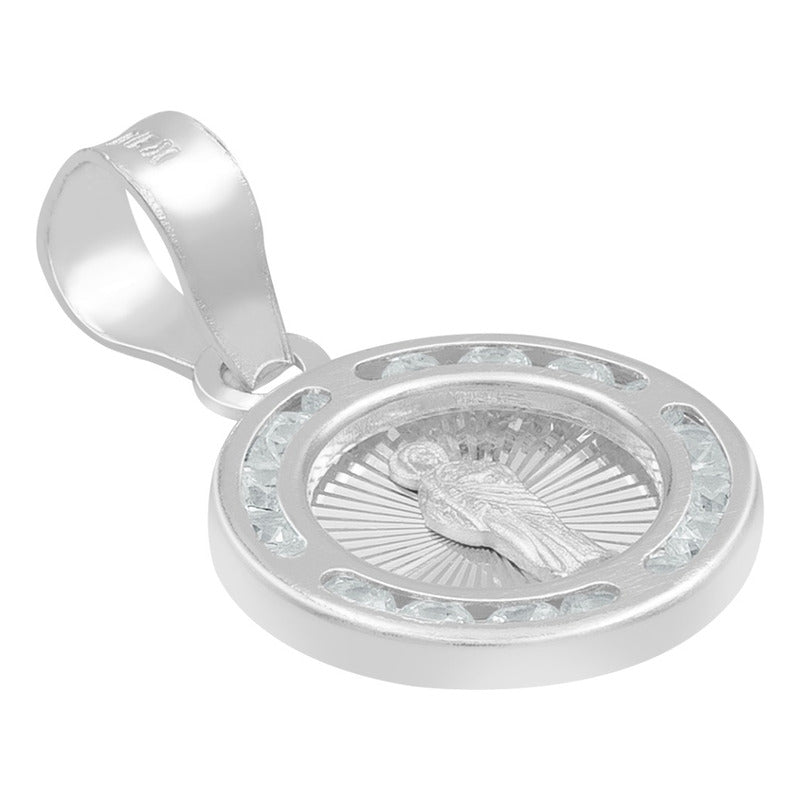 Dije Mini Medalla Bautizo San Judas Zircon Plata 925 1.2 Cm Blanco