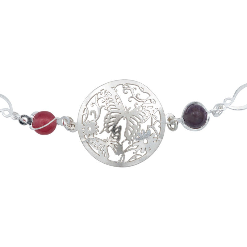 Pulsera Mariposa Flores Piedra Natural Cuarzo Plata 925