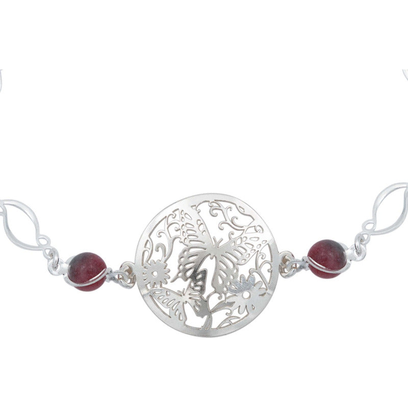 Pulsera Mariposa Flores Piedra Natural Cuarzo Plata 925