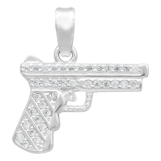 Dije Chico Pistola Glock Revolver Hombre Zirconias Plata 925 Blanco