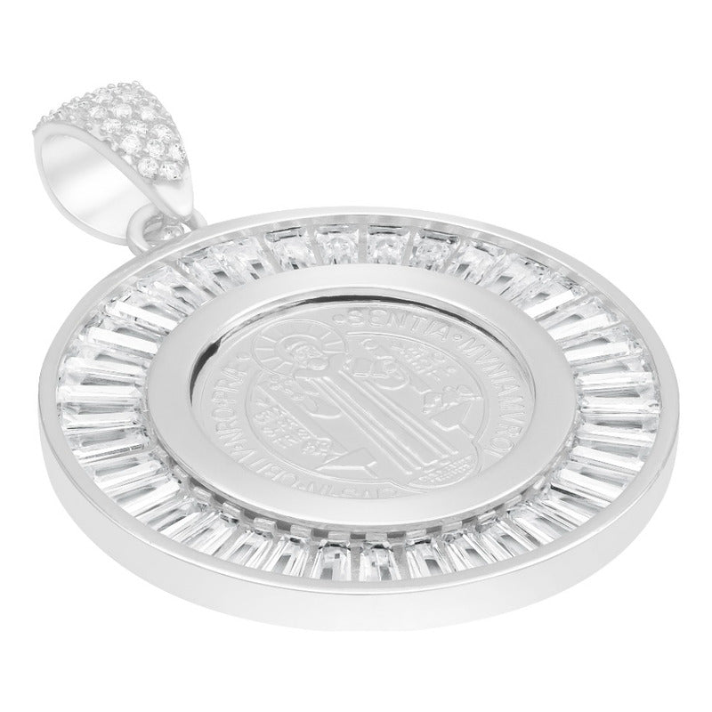 Dije Medalla San Benito Bisel Zirconias Baguette Plata 925 Blanco