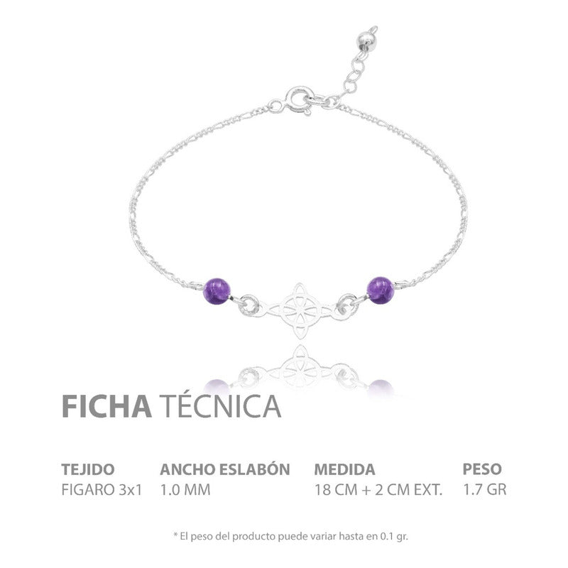 Pulsera Ajustable Nudo Bruja Figaro 3x1 Bolas Plata 925 Violeta 6 Cm 20 Cm