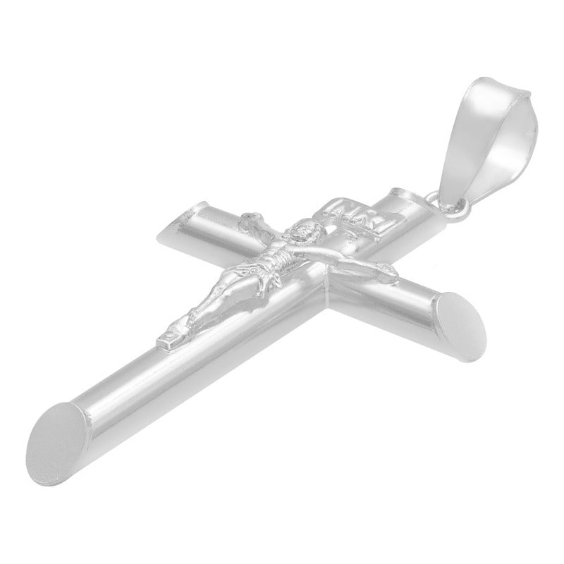 Dije Cruz Tubo Tubular Lisa Cristo Hombre Plata 925 5 Cm Plateado