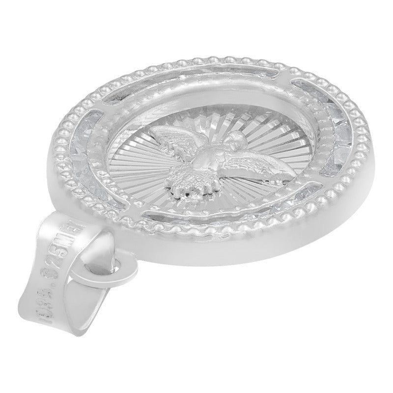Dije Medalla Oval Espiritu Santo Zirconias Plata 925 1.4 Cm Blanco