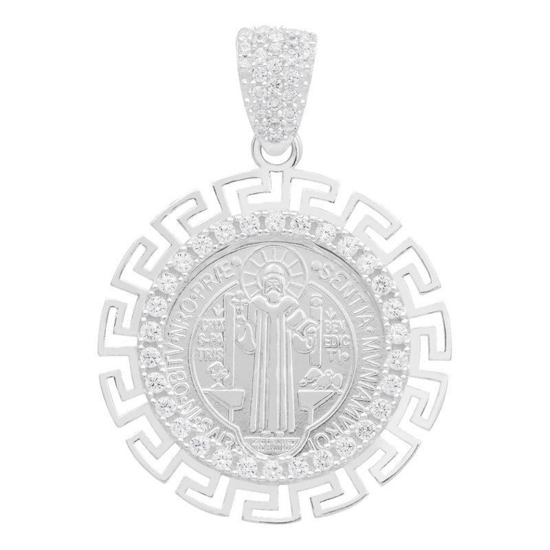 Dije Medalla San Benito Grecas Zirconias Plata 925 3.4 Cm Blanco