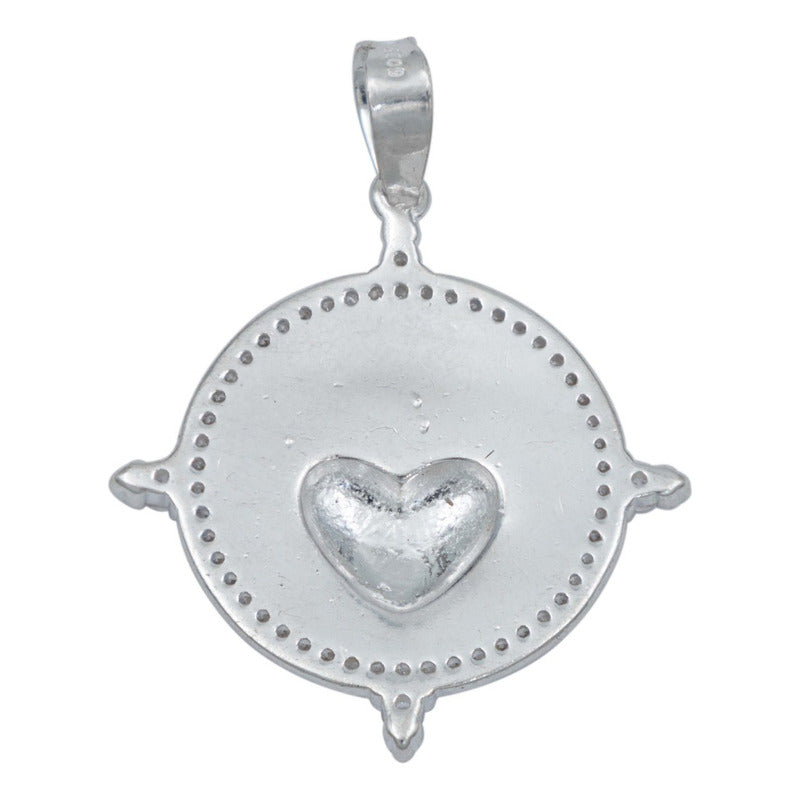 Dije Medalla Sagrado Corazón Liso Zirconias Plata 925