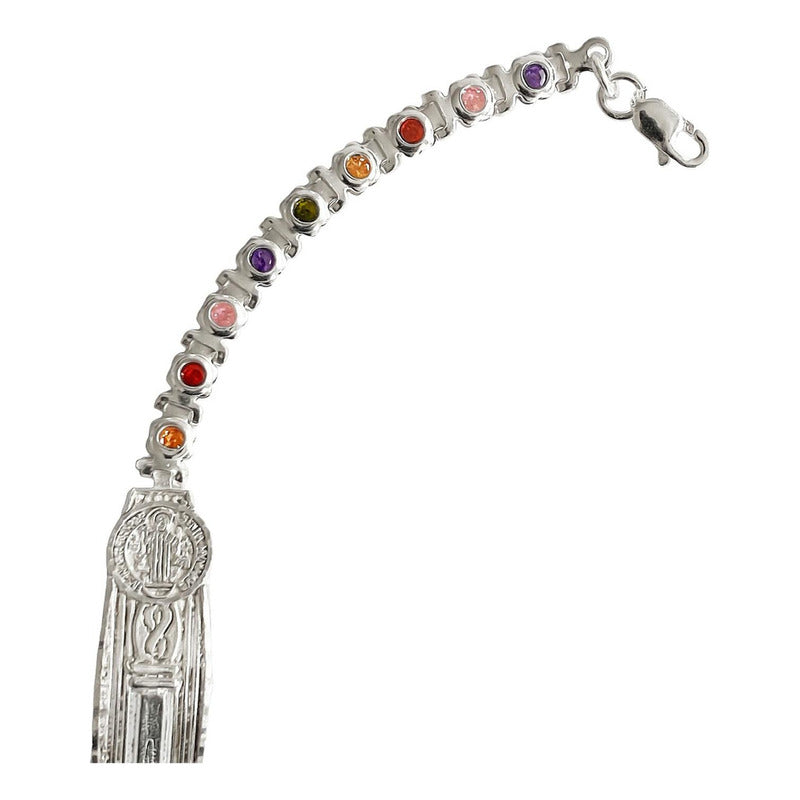 Pulsera Ajustable Placa De San Benito Zirconias Plata .925