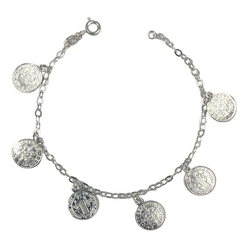 Pulsera Ajustable San Benito Pequeña Medallas Plata Ley 925