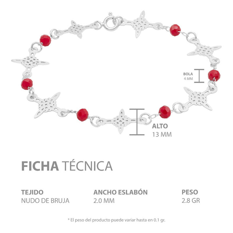 Pulsera Nudo De Bruja Laser Cristales Regalo Mujer Plata 925 Rojo 19 Cm
