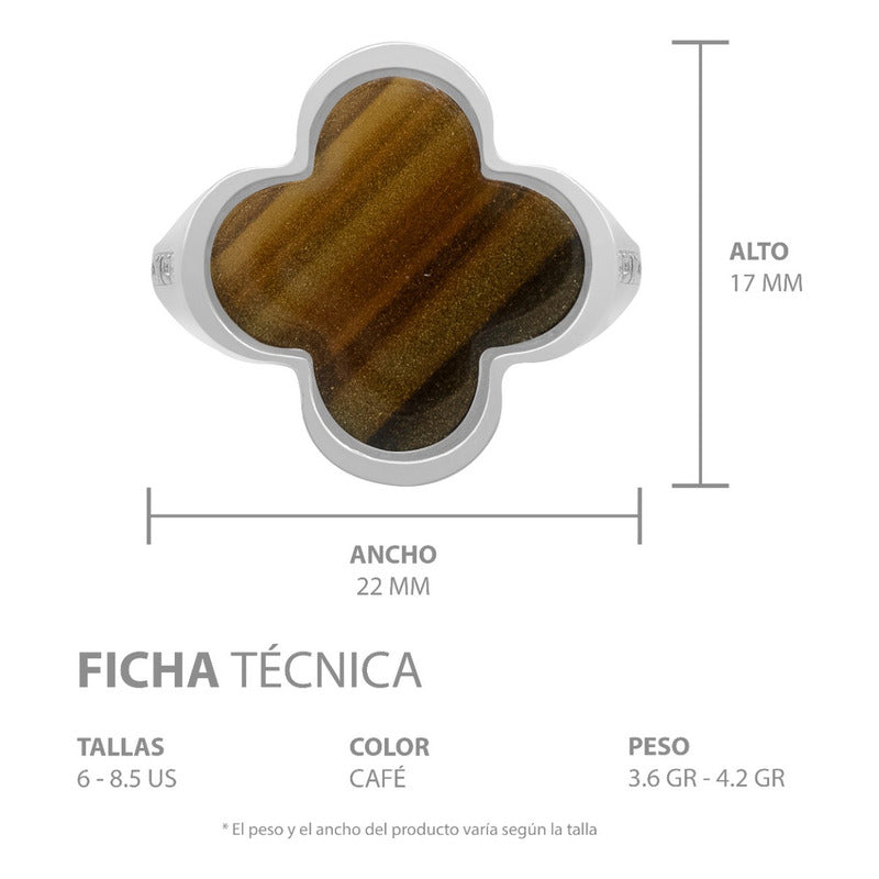 Anillo Grande Hombre Mujer Trebol Esmaltado Resina Plata 925 Café 6.5