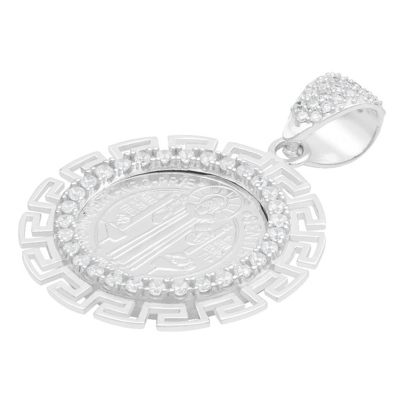 Dije Medalla San Benito Grecas Zirconias Plata 925 3.4 Cm Blanco