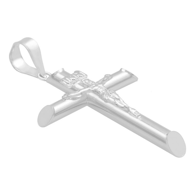 Dije Cruz Tubo Tubular Lisa Cristo Hombre Plata 925 5 Cm Plateado