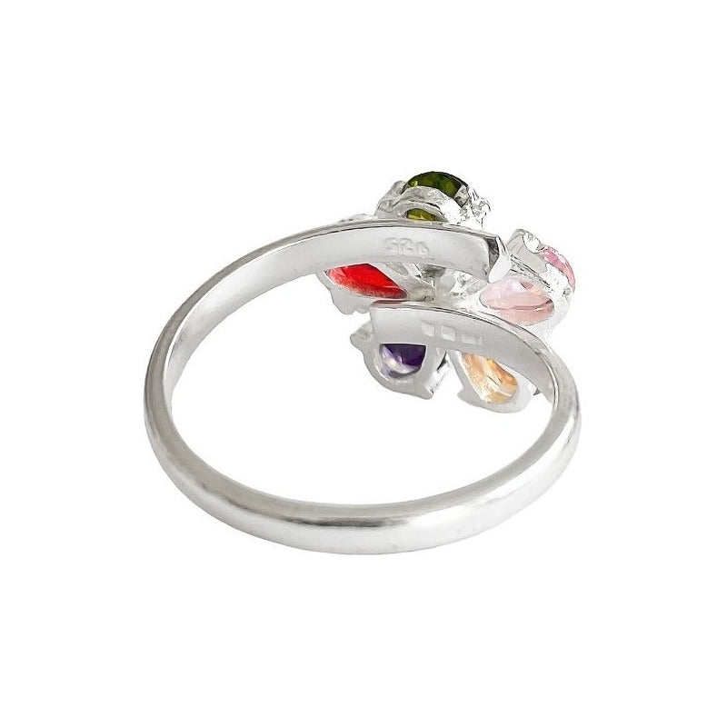 Anillo Flor 5 Pétalos Con Zirconias De Colores De Plata .925