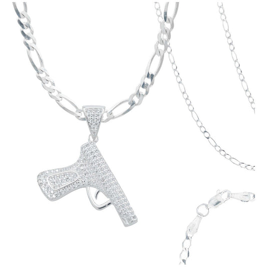 Collar Cadena Hombre Hiphop Pistola Gangster Plata 925 Blanco Alto/ancho 3.5 Cm X 3.1 Cm