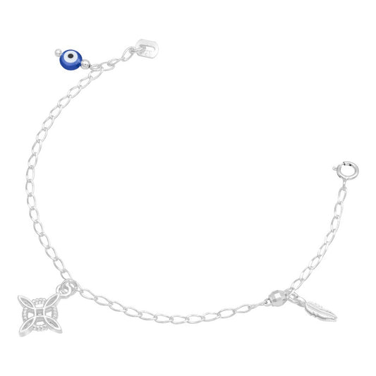 Pulsera Nudo Bruja Bola Facetada Ojo Turco Pluma Plata 925 Azul 18 Cm