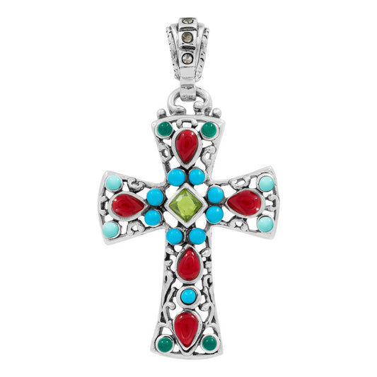 Dije Cruz Grande Plata 925 Piedra Natural Zirconia 4.3 Cm Rojo Verde