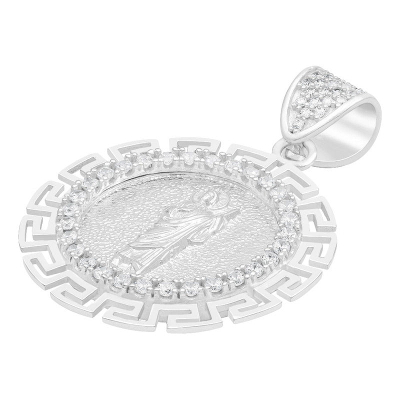 Dije Medalla San Judas Grecas Zirconias Plata 925 3.4 Cm Blanco