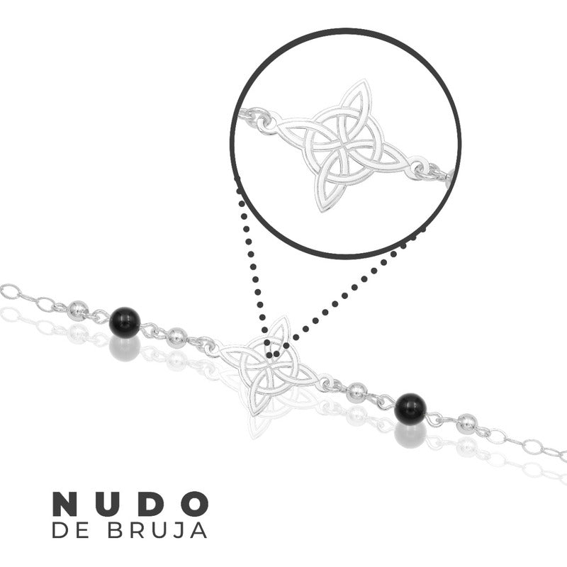 Pulsera Ajustable Mujer Nudo De Bruja Laser Bolas Plata 925 Negro 6 Cm 20 Cm