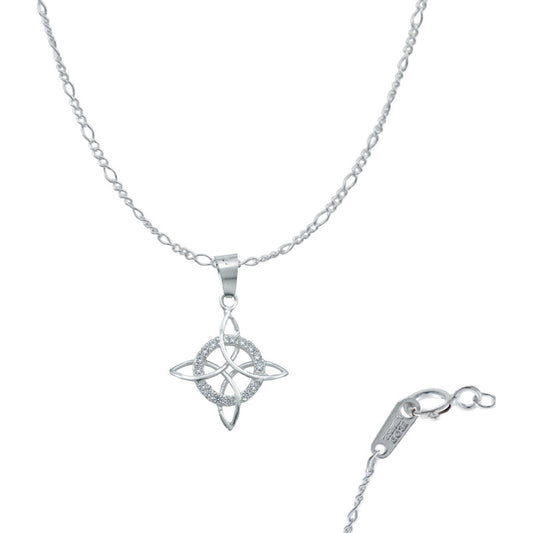 Dije Mini Nudo De Bruja Celta Zirconias + Cadena Plata 925 Blanco Alto/ancho 3.1 Cm X 2.1 Cm