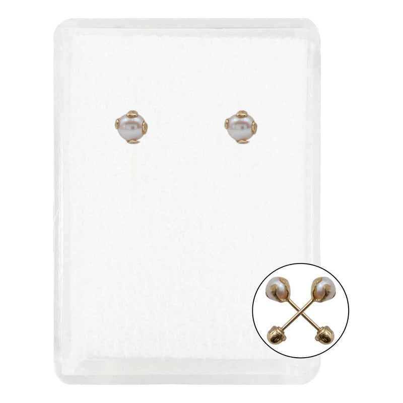 Arete Broquel Bola Perla Natural 4 Mm Mujer Regalo Oro 10k
