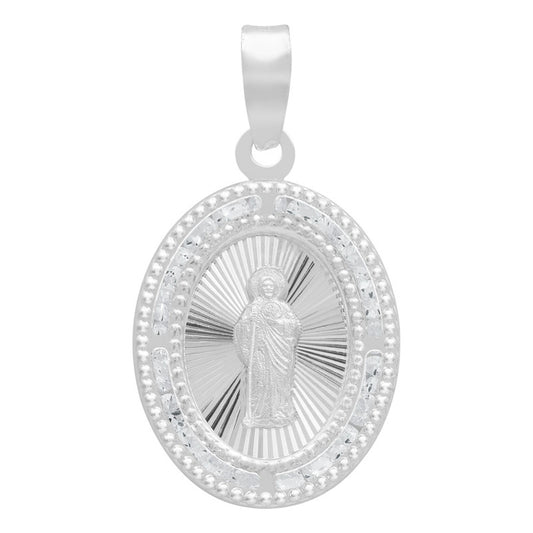 Dije Medalla Oval San Judas Zirconias Plata 925 1.4 Cm Blanco