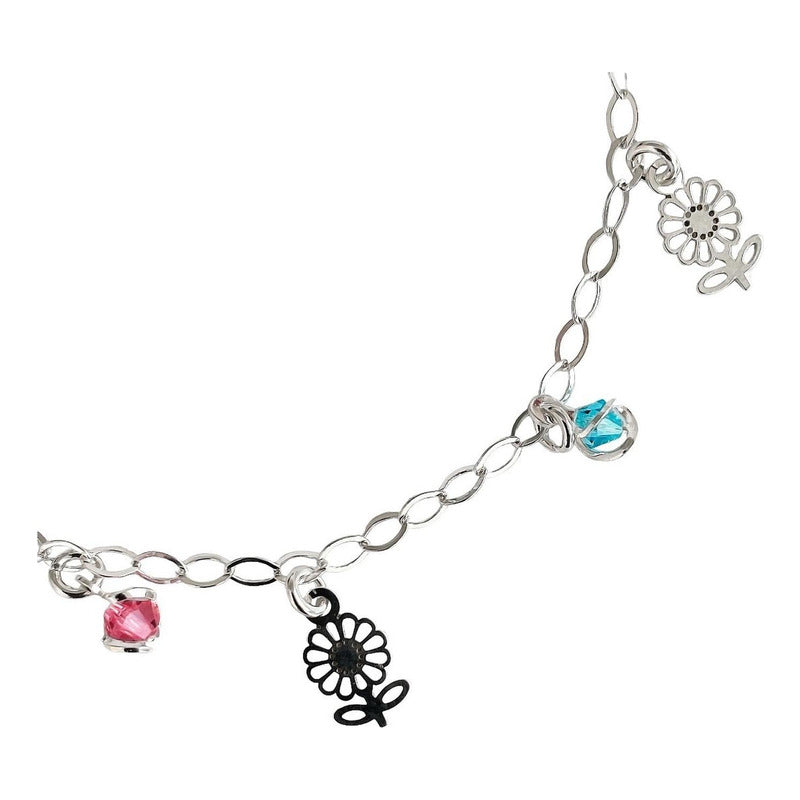 Pulsera Ajustable Flores Primavera Verano Plata Ley 925 Plateado 6 Cm 19 Cm