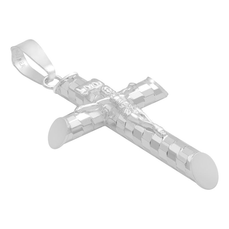 Dije Cruz Tubular Diamantado Ajedrez Cristo Plata 925 4.5 Cm Plateado