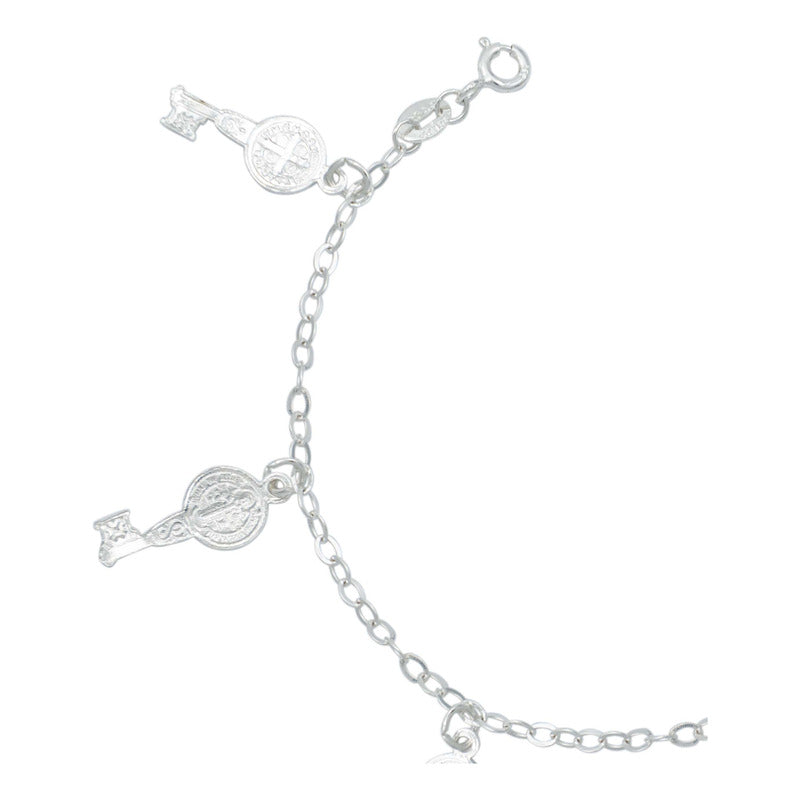 Pulsera Ajustable San Benito Pequeña Medallas Plata Ley 925