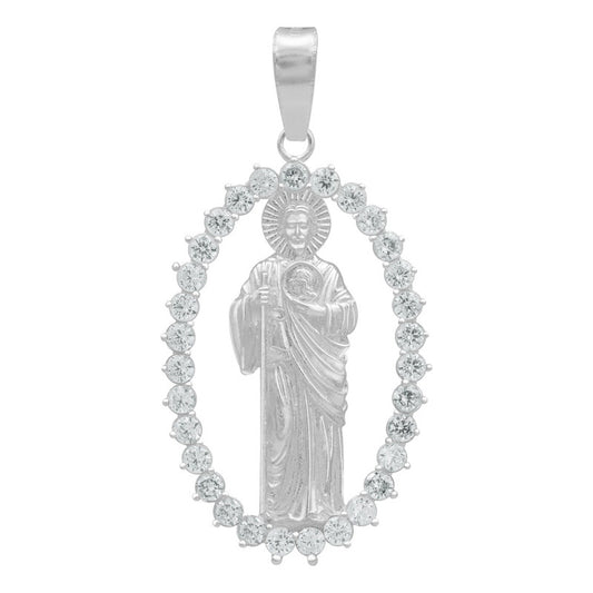Dije San Judas Liso Borde Zirconias Hombre Plata 925 3.7 Cm Blanco