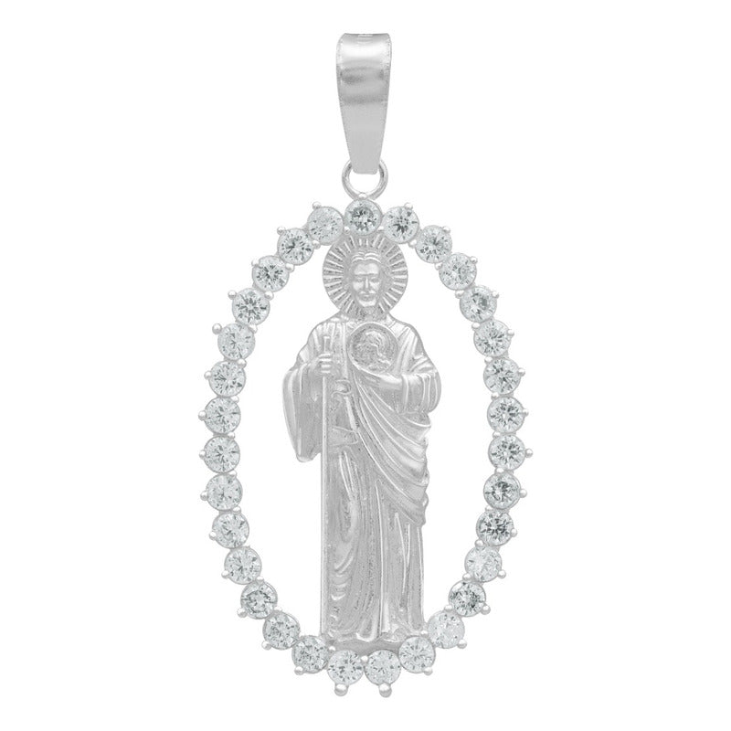 Dije San Judas Liso Borde Zirconias Hombre Plata 925 3.7 Cm