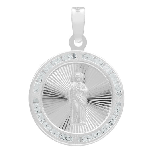 Dije Medalla Diamantada San Judas Zirconias Plata 925 1.8 Cm Blanco