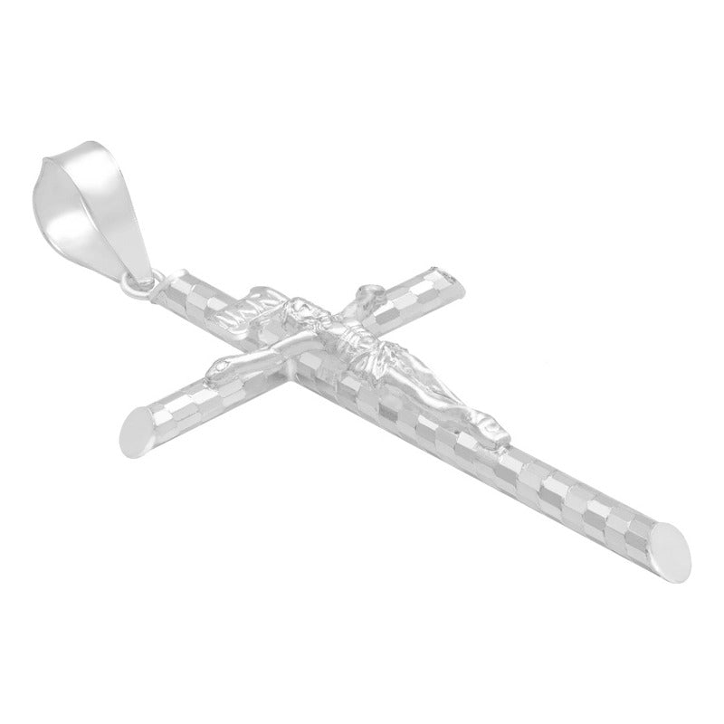 Dije Cruz Tubular Diamantado Ajedrez Cristo Plata 925 5.2 Cm Plateado