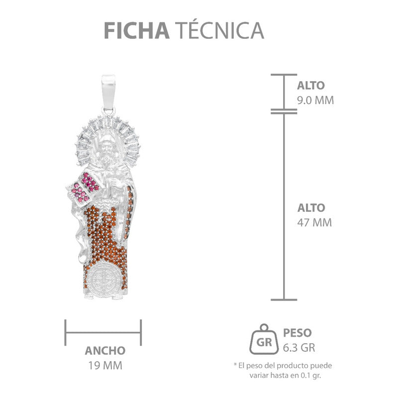 Dije Medalla San Benito Grande Protección Zirconia Plata 925 Café