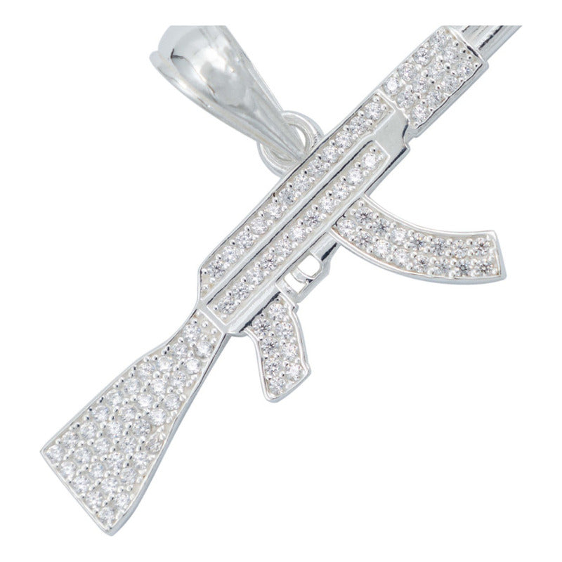 Dije Rifle Ak 47 Zirconias Bélico Metralleta Plata 925