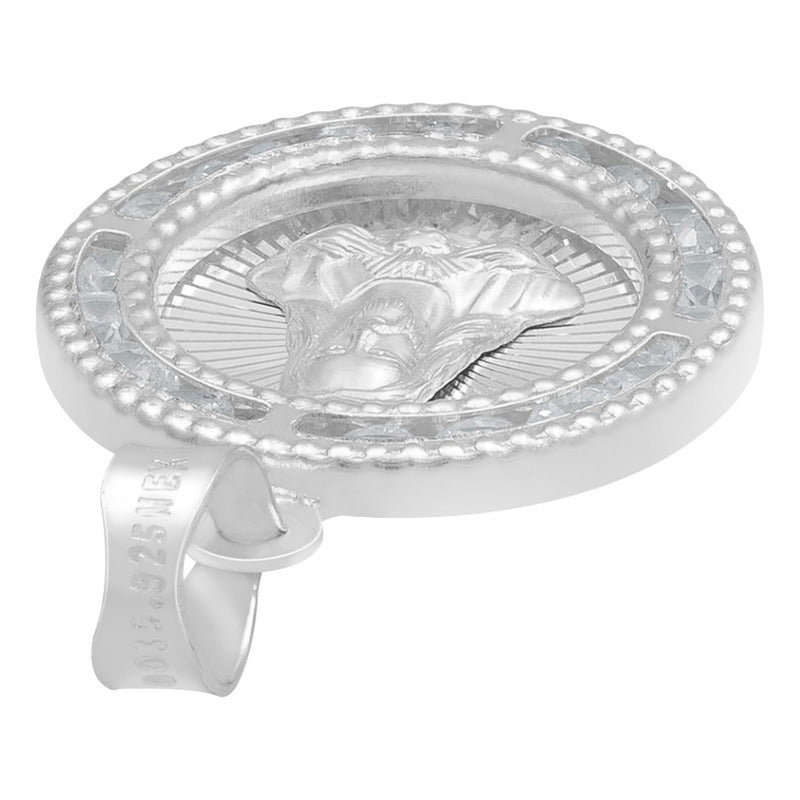 Dije Medalla Sagrado Corazón Zirconias Plata 925 1.6 Cm Blanco