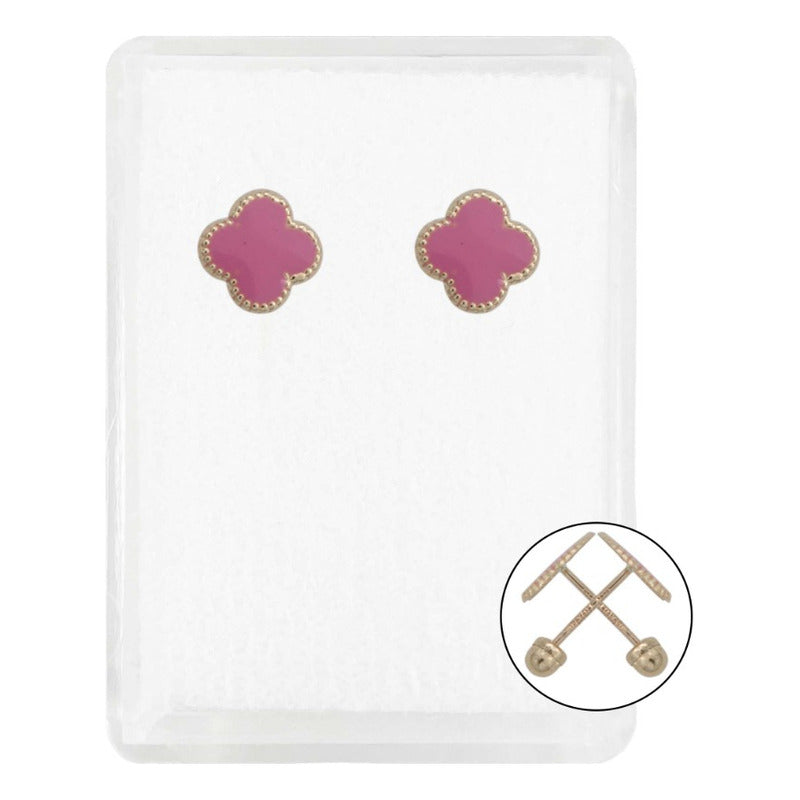 Arete Trebol Esmaltado Con Resina Flor Corridos Oro 10k 7 Mm