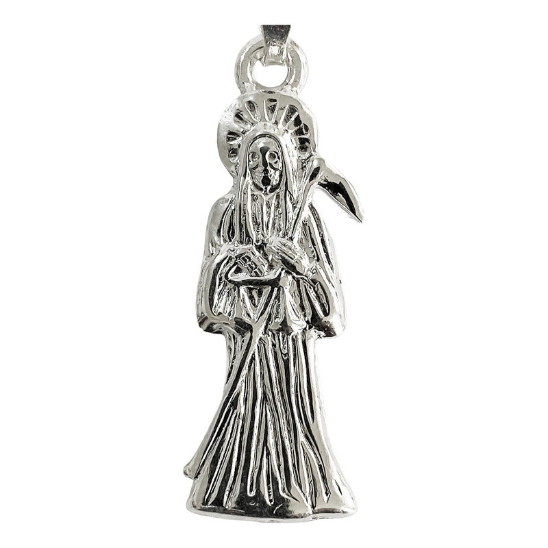 Collar Medalla Mediano Santa Muerte Hueco Plano Plata S925