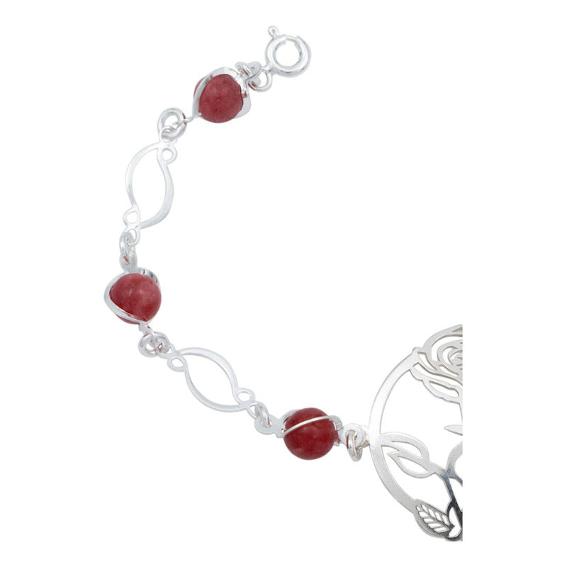 Pulsera Flores Rosa Piedra Natural Cuarzo Mujer Plata 925