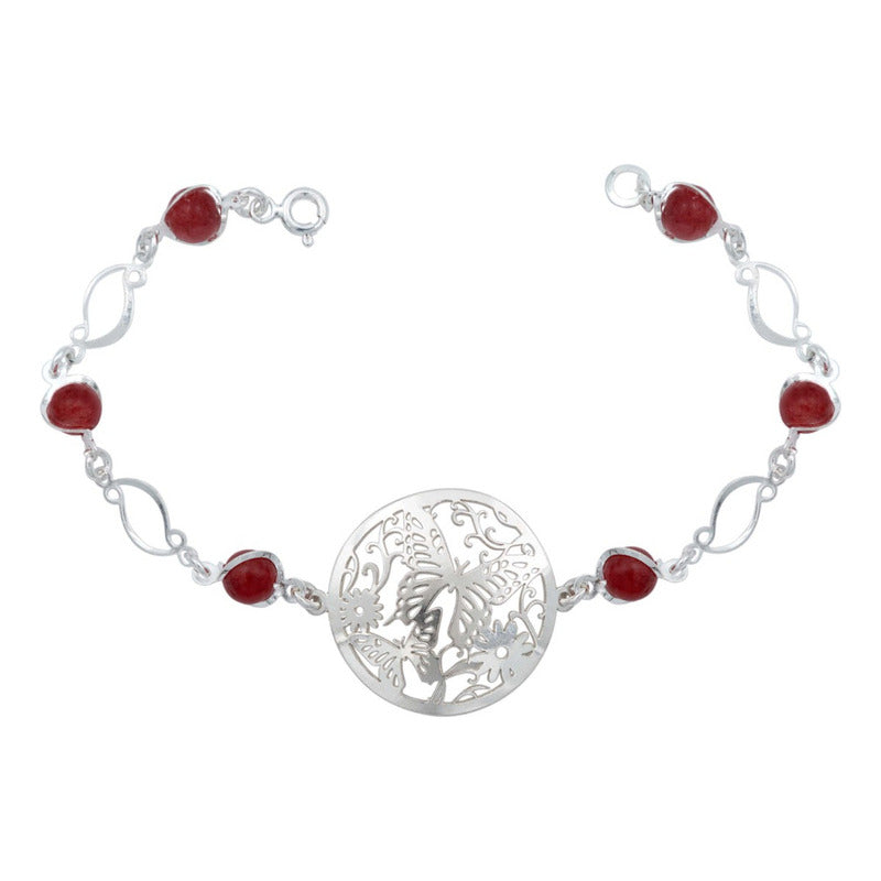 Pulsera Mariposa Flores Piedra Natural Cuarzo Plata 925