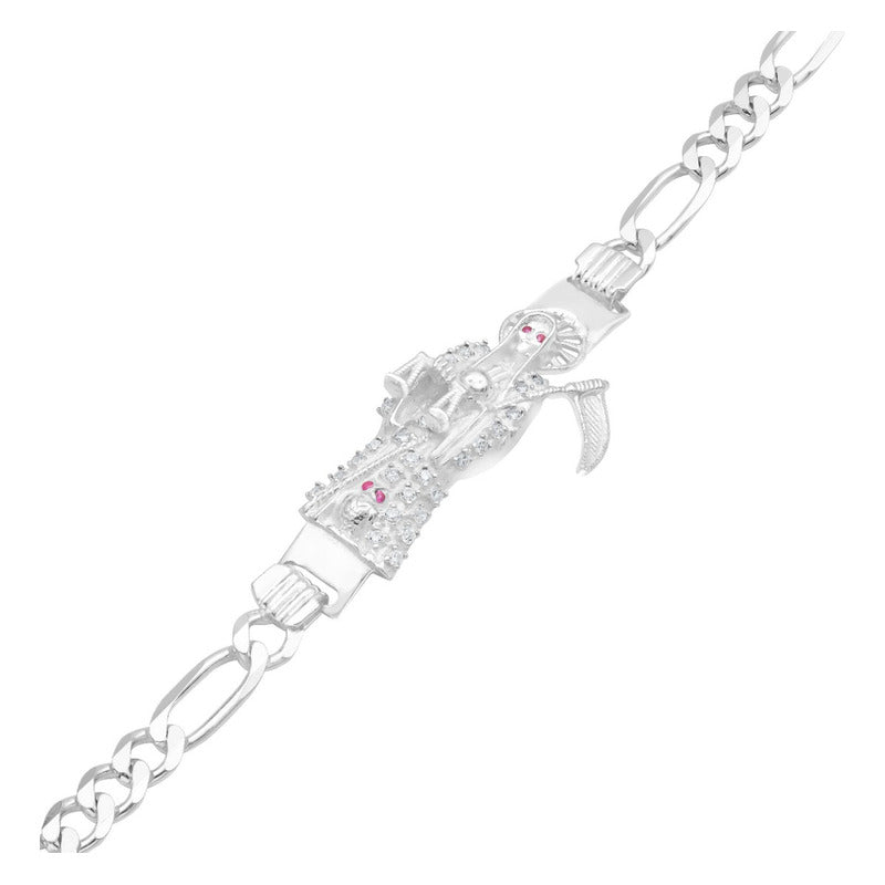Pulsera Santa Muerte Zirconias Figaro 3x1 Plata 925 6 Mm Blanco 6 Cm 22 Cm